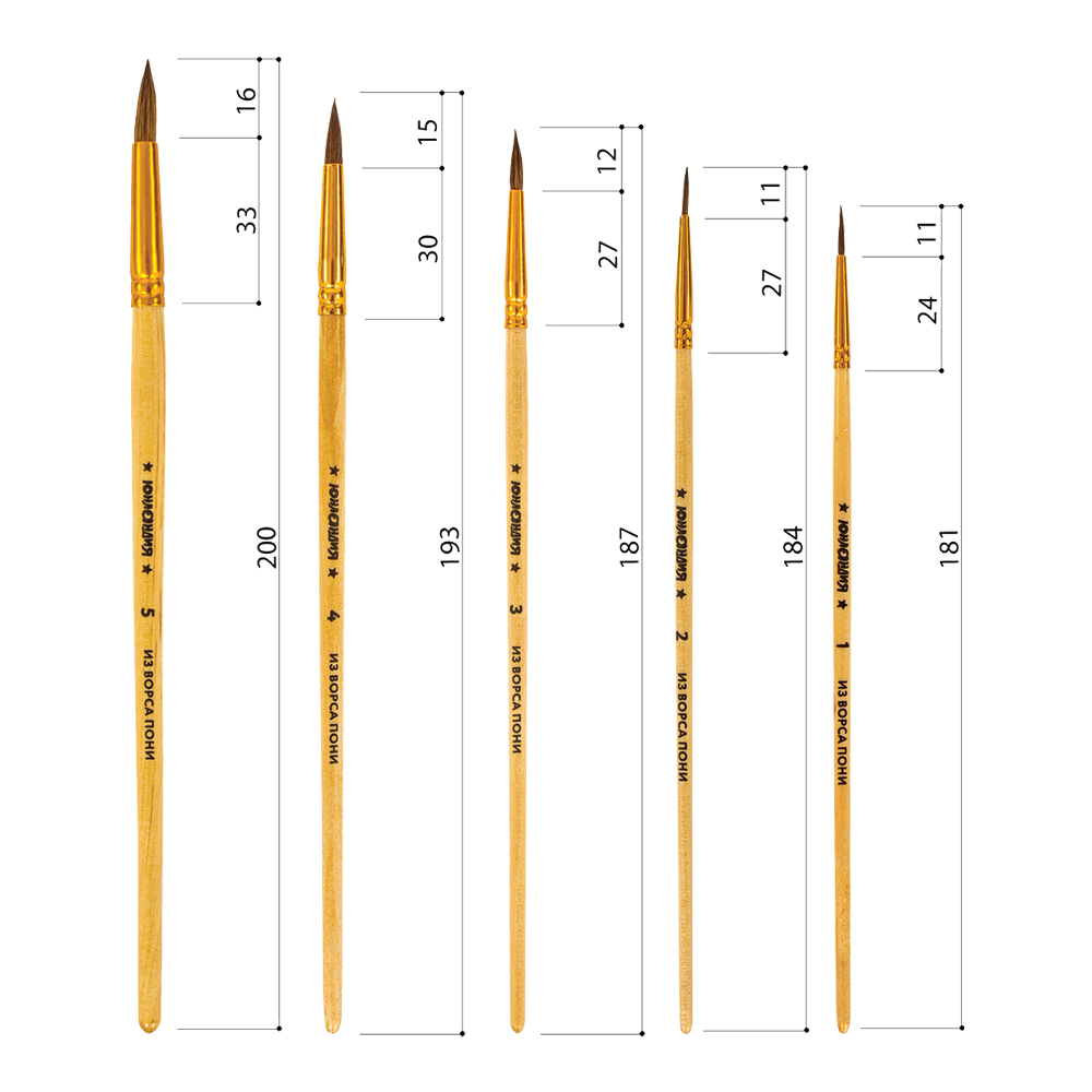 Кисти для рисования Юнландия 200893 из ворса пони кругл. № 1,2,3,4,5, 5 шт