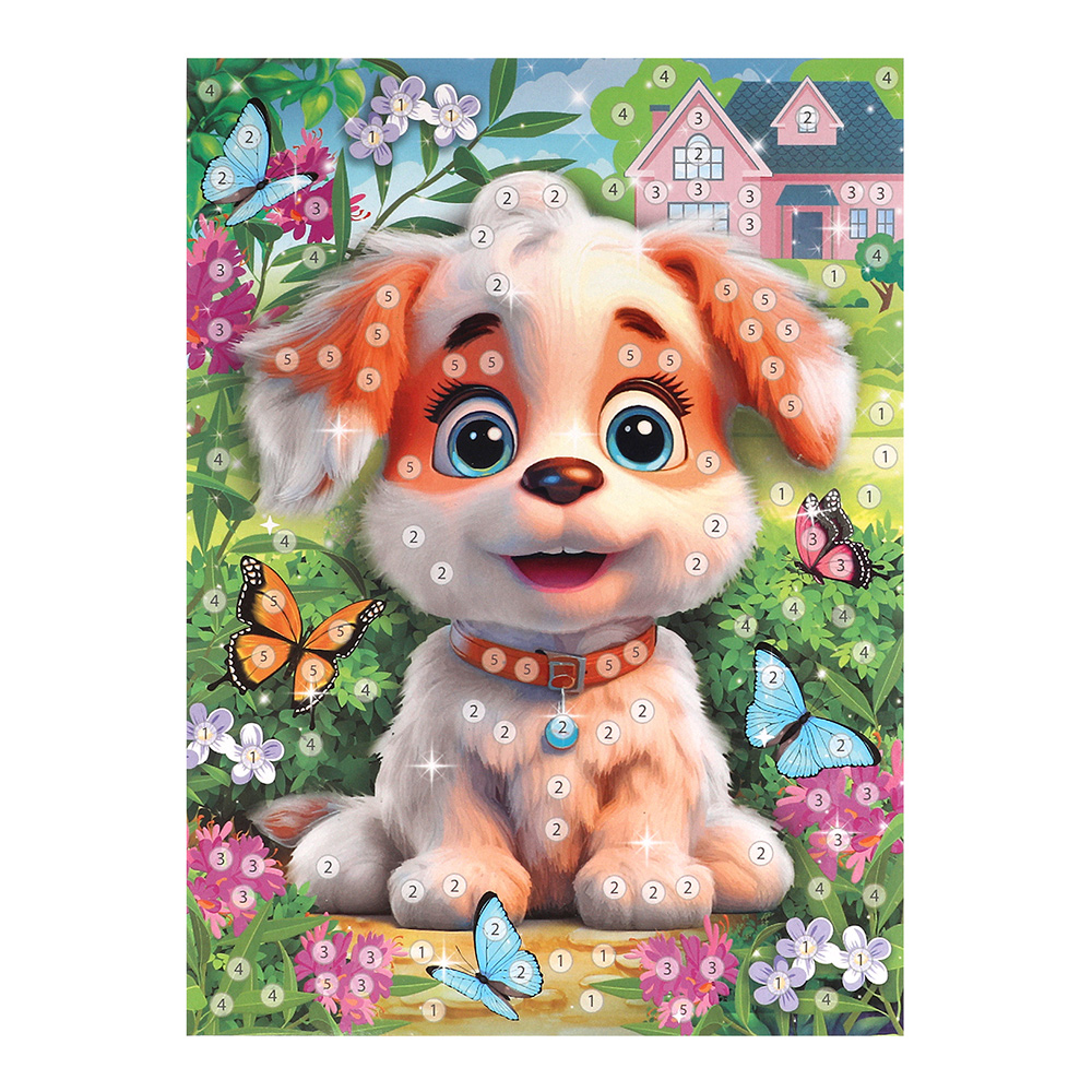 картинка Аппликация MultiArt SEQPACK-112298 из пайеток, Щенок и бабочки, 17*23 см 