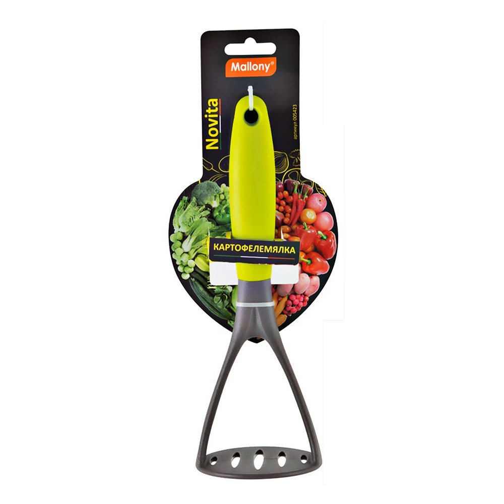 картинка Картофелемялка Mallony 005423 Novita, с цветной ручкой, 24,5 см, нейлон, серый, зеленый 