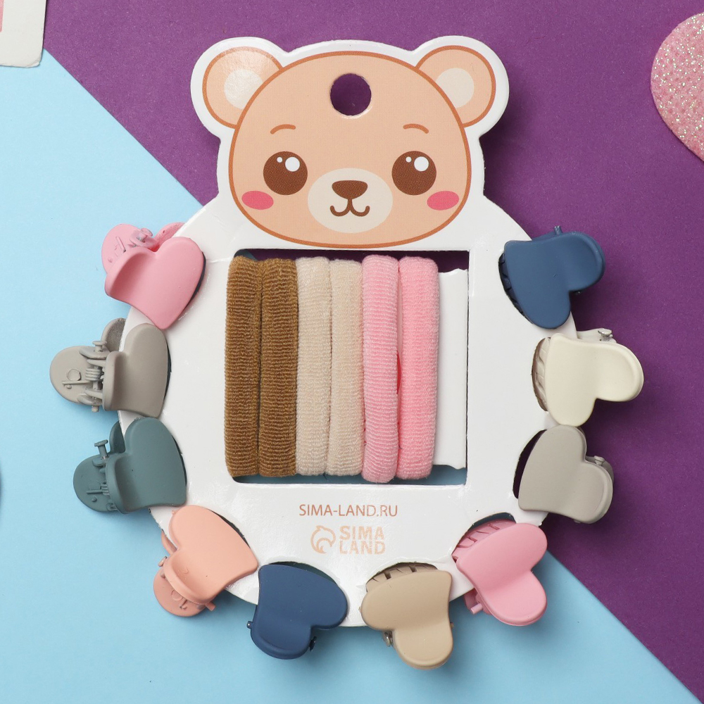 картинка Набор для волос Выбражулька Солнышко, 10 крабиков сердца + 6 резинок, 16 шт 