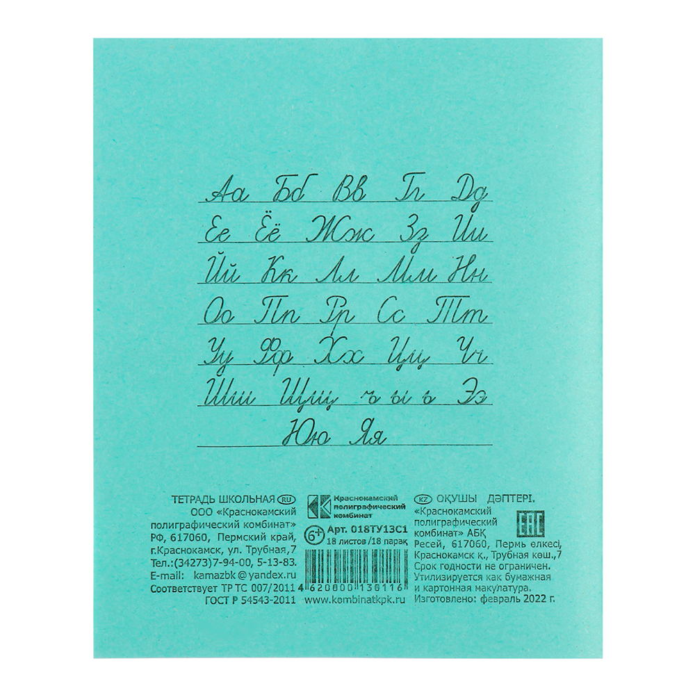 Тетрадь 18 листов, в линейку, Зелёная обложка