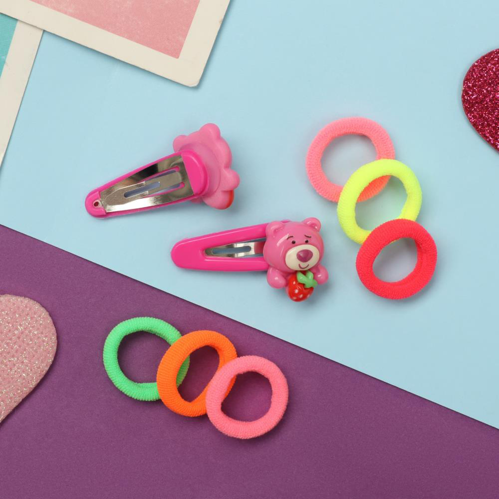 картинка Набор для волос 10309448 (10 резинок 1,5 см + 2 невидимки 3,5 см), мишки, розовый 