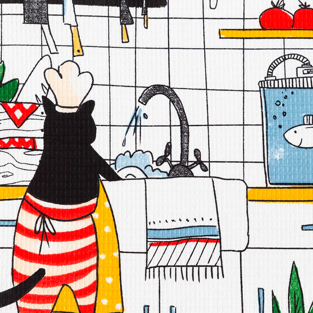 Полотенце кухонное Доляна 5423141 Котик на кухне, вафельное полотно 35*60 см, Белый