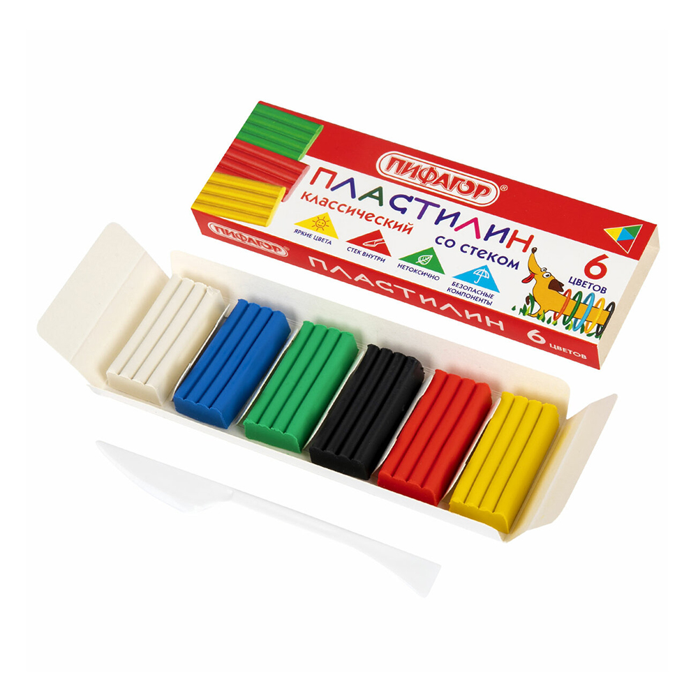 Пластилин Пифагор 106674 Веселая такса, со стеклом 90 г, 6 цветов