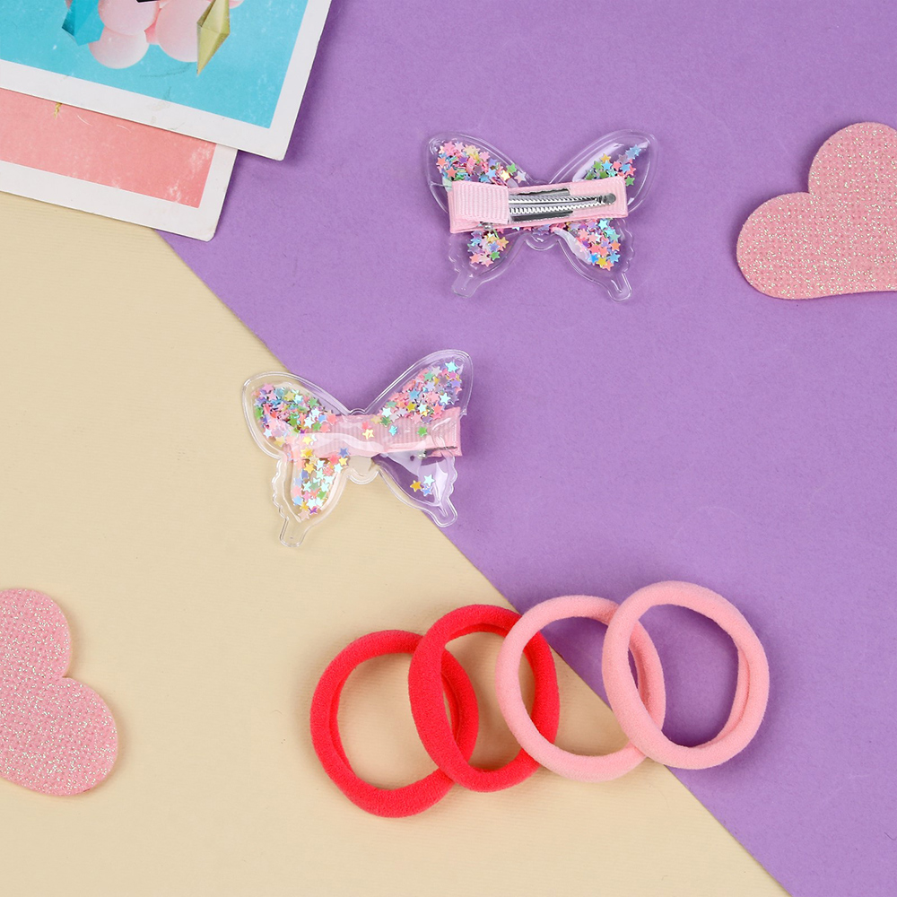 картинка Набор для волос Выбражулька9732028 Ариэль (2 невидимки 5 см + 4 резинки 4 см) бабочки, розовый 