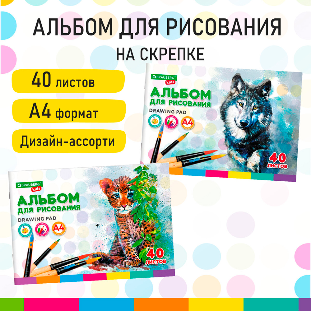 Альбом для рисования Brauberg 106683 Зверята, 2 дизайна, А4 200*285 мм, 40 листов