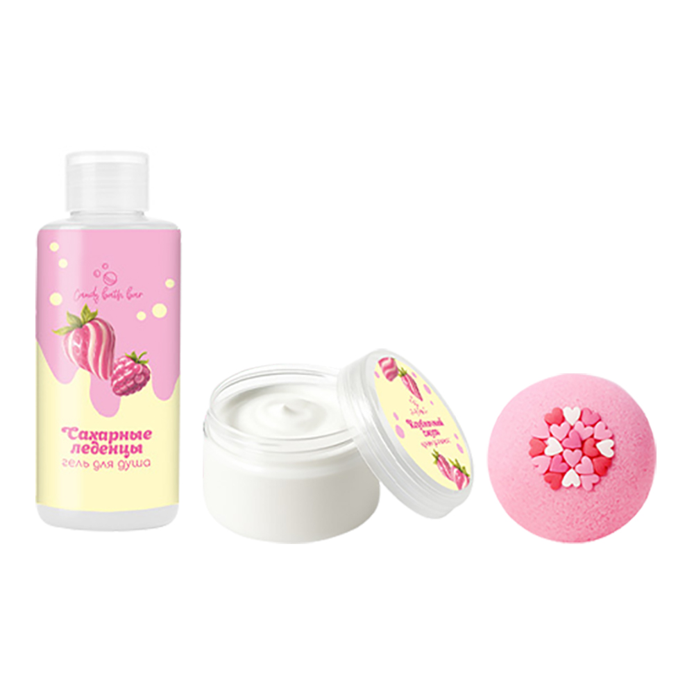 картинка Набор подарочный Candy bath bar, Клубничный десерт (гель для душа + крем для тела + шар для ванн), женский 