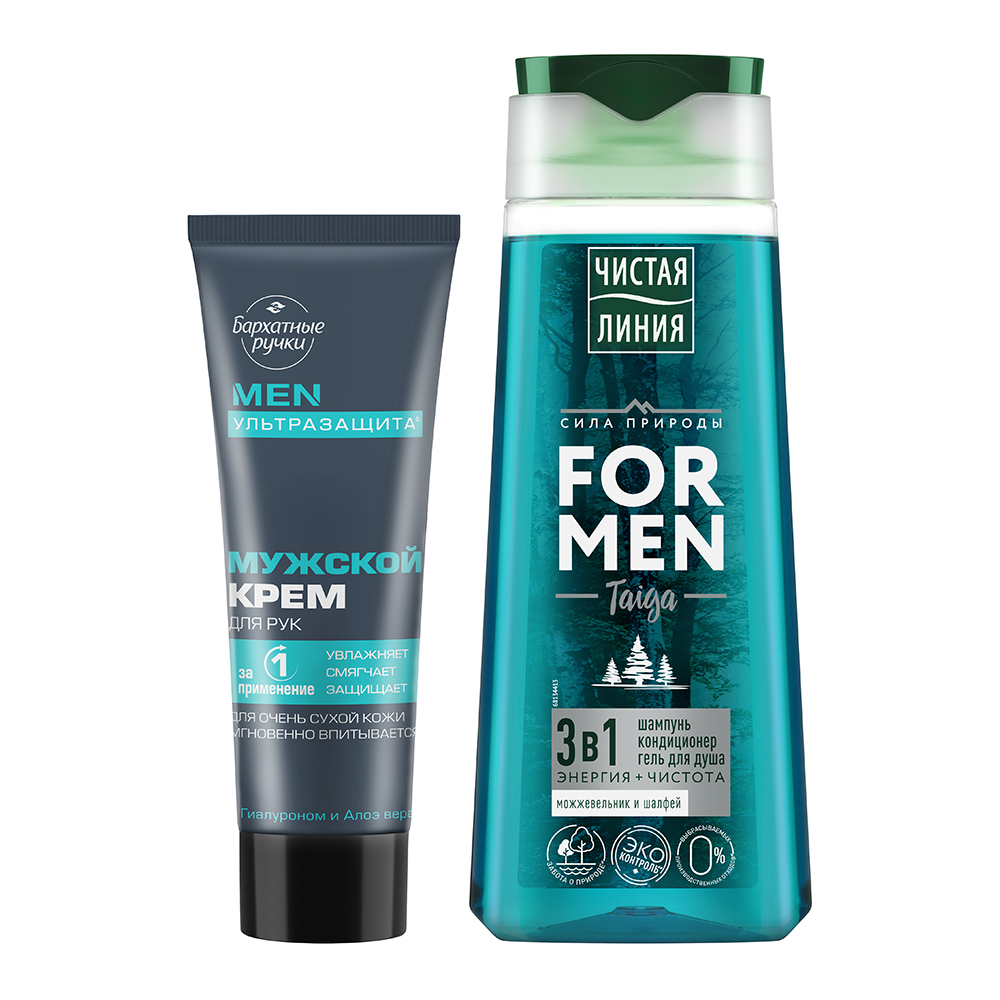 картинка Набор подарочный Чистая линия Бархатные Ручки For men (шампунь 3 в 1 250 мл + крем для рук 80 мл), мужской 
