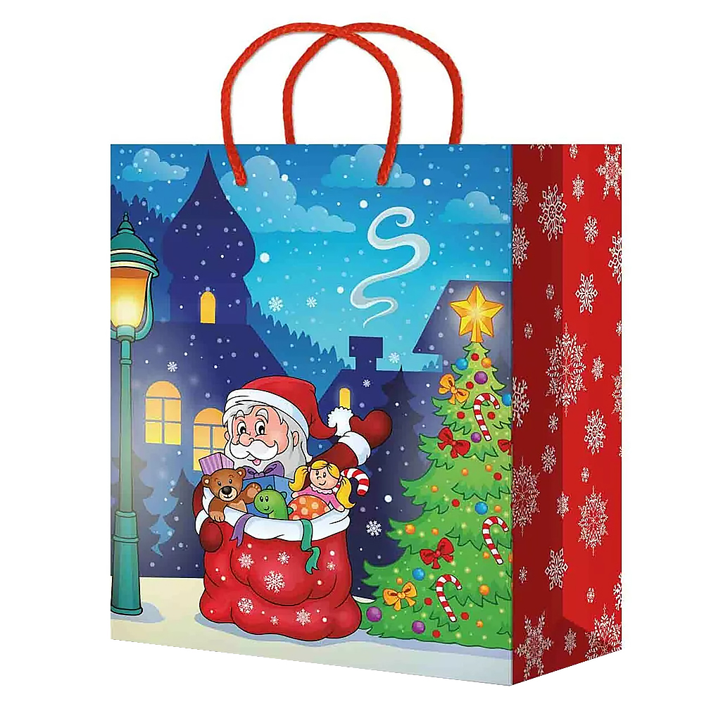 Пакет подарочный M-201/202/203/204/205 Дед мороз на красном 18*22*10 см, в ассортименте