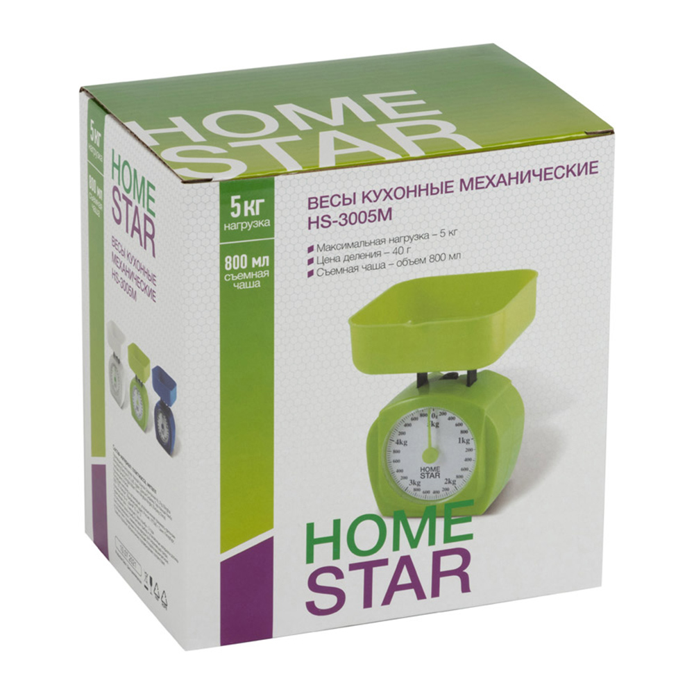 Весы электронные кухонные HomeStar 002801 оснащены съемной чашей, пластик, белый, 5 кг