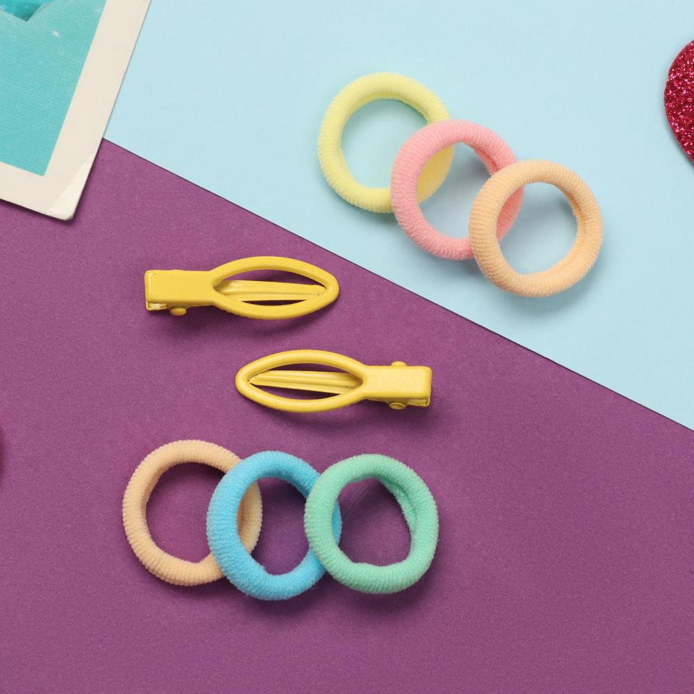 картинка Набор для волос 10309442 Карамель (10 резинок 1,5 см + 2 зажима 3 см), сердечки, желтый 