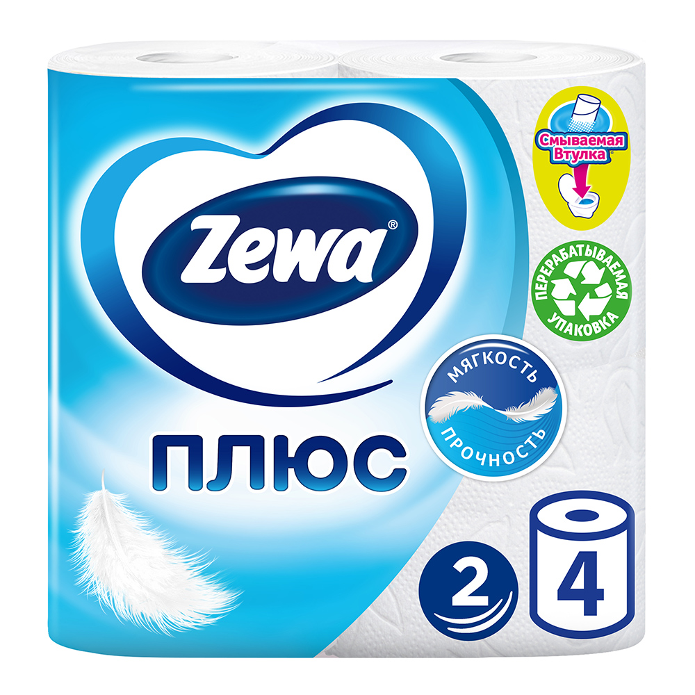 картинка Бумага туалетная Zewa Плюс двухслойная, белая, 4 шт 