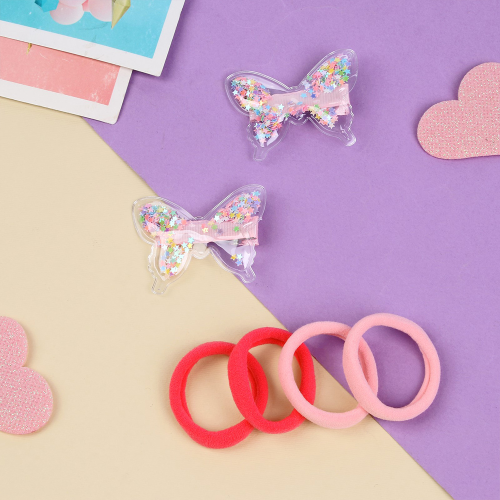 картинка Набор для волос Выбражулька9732028 Ариэль (2 невидимки 5 см + 4 резинки 4 см) бабочки, розовый 
