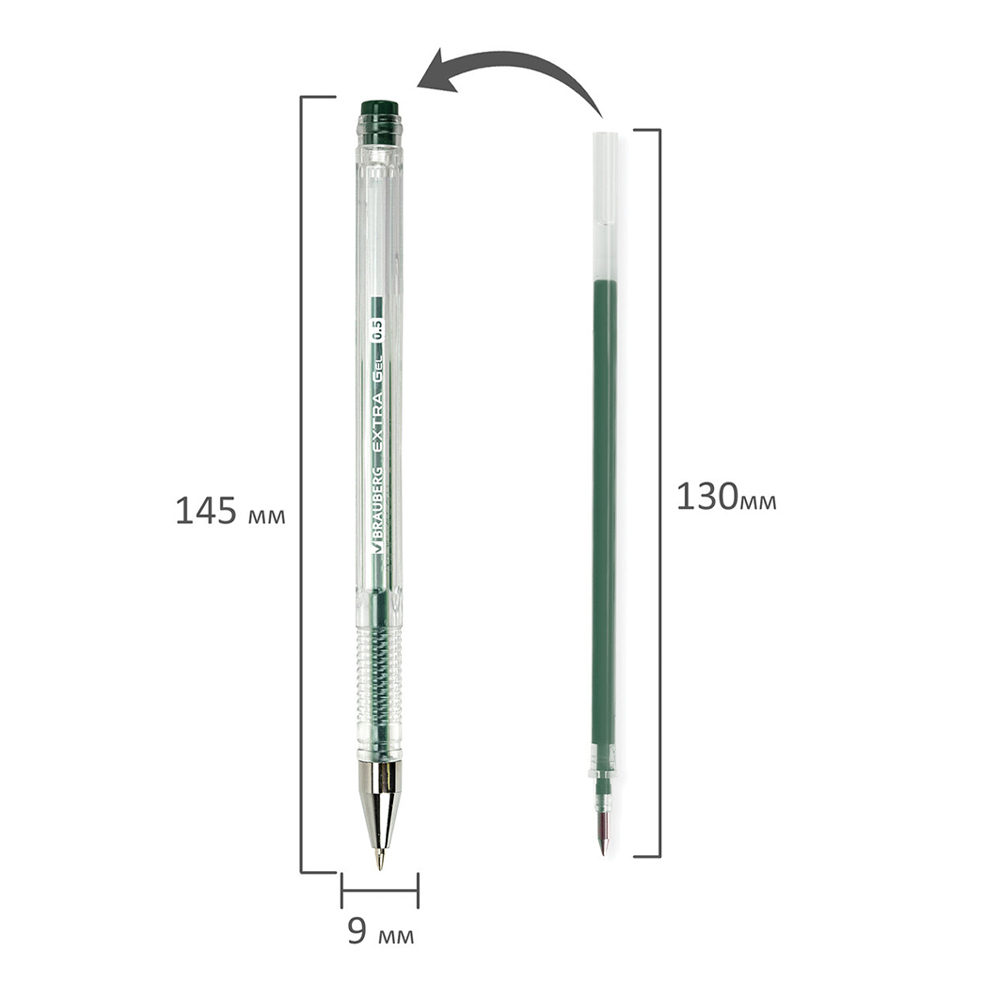 Ручка гелевая Brauberg 143904 EXTRA узел 0,5 мм, линия 0,35 мм, прозрачный корпус, зеленый