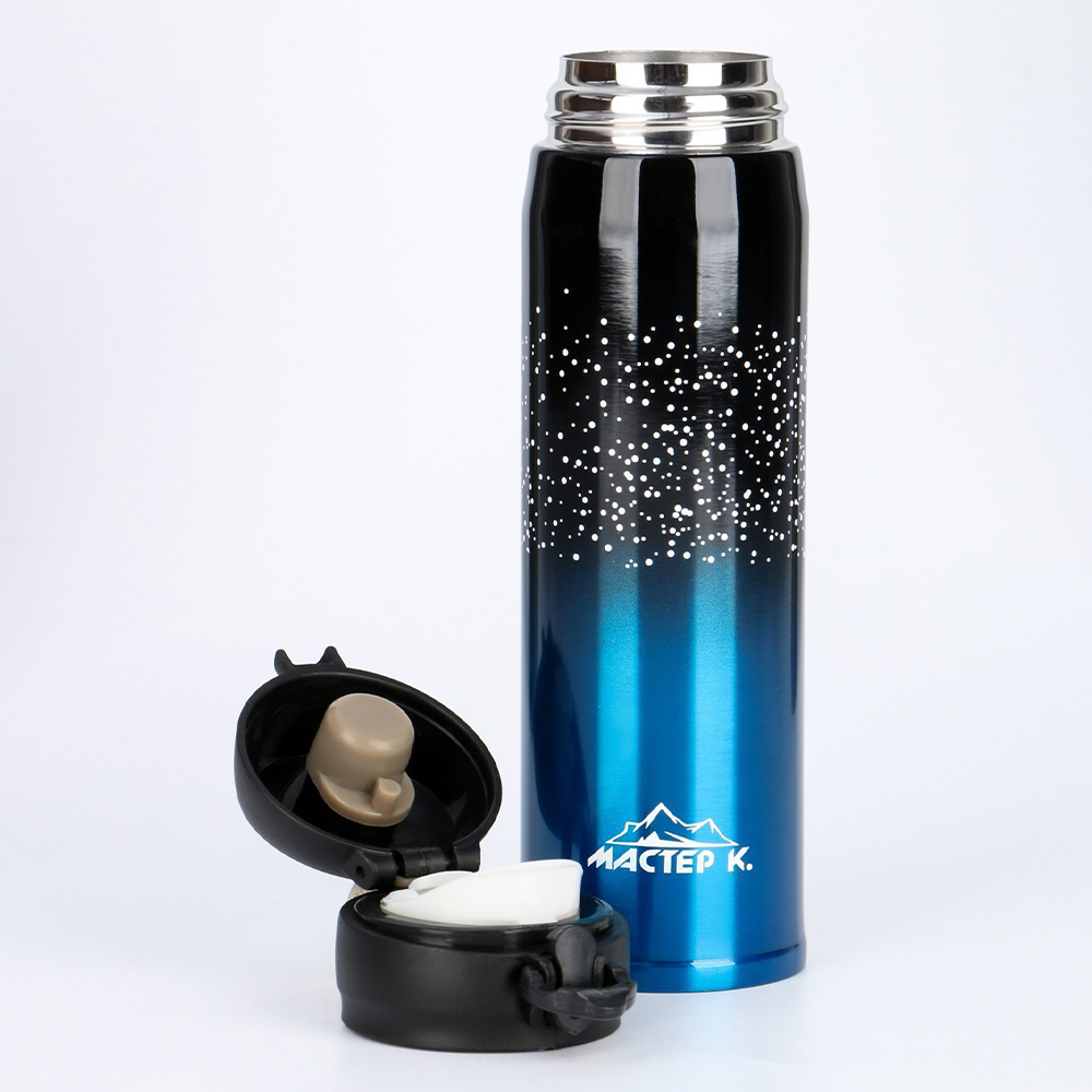 картинка Термос Мастер К 3866676 Топ, сохраняет тепло 8 часов, нержавеющая сталь, черный, синий, 500 мл 