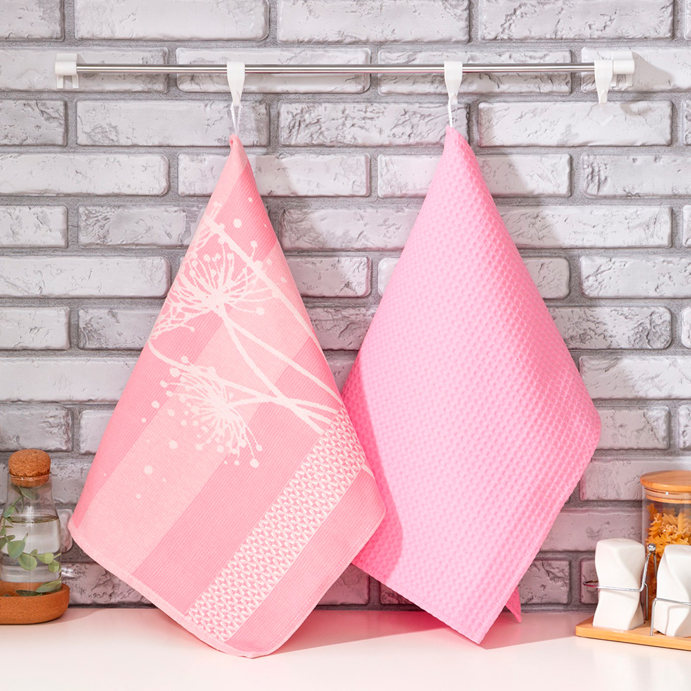 Набор кухонных полотенец Этель 6897143 Одуванчики, ткань вафельное полотно/жаккард, 40*60 см, розовый, 2 шт