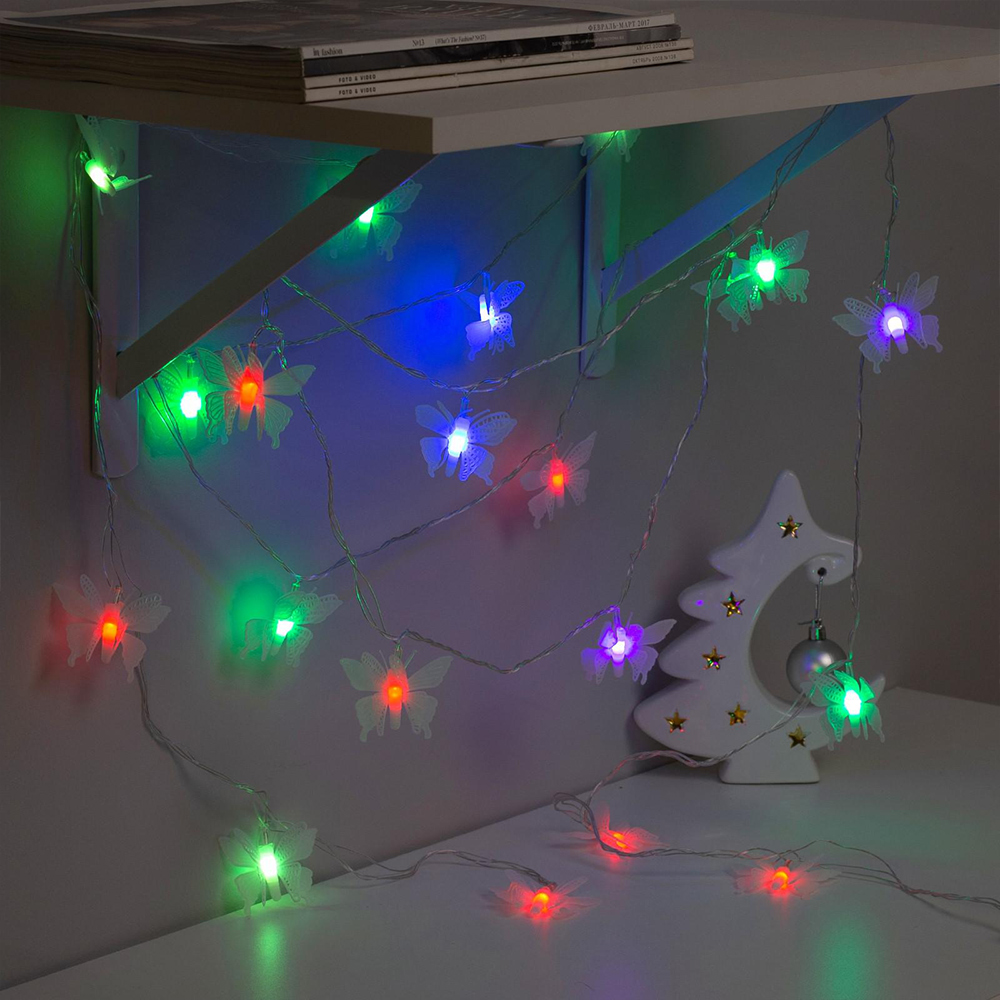 Новогодняя Гирлянда 1080384 Бабочки малые, светодиодная, свечение мульти, нить прозрачная, 5 м, 20 лампочек