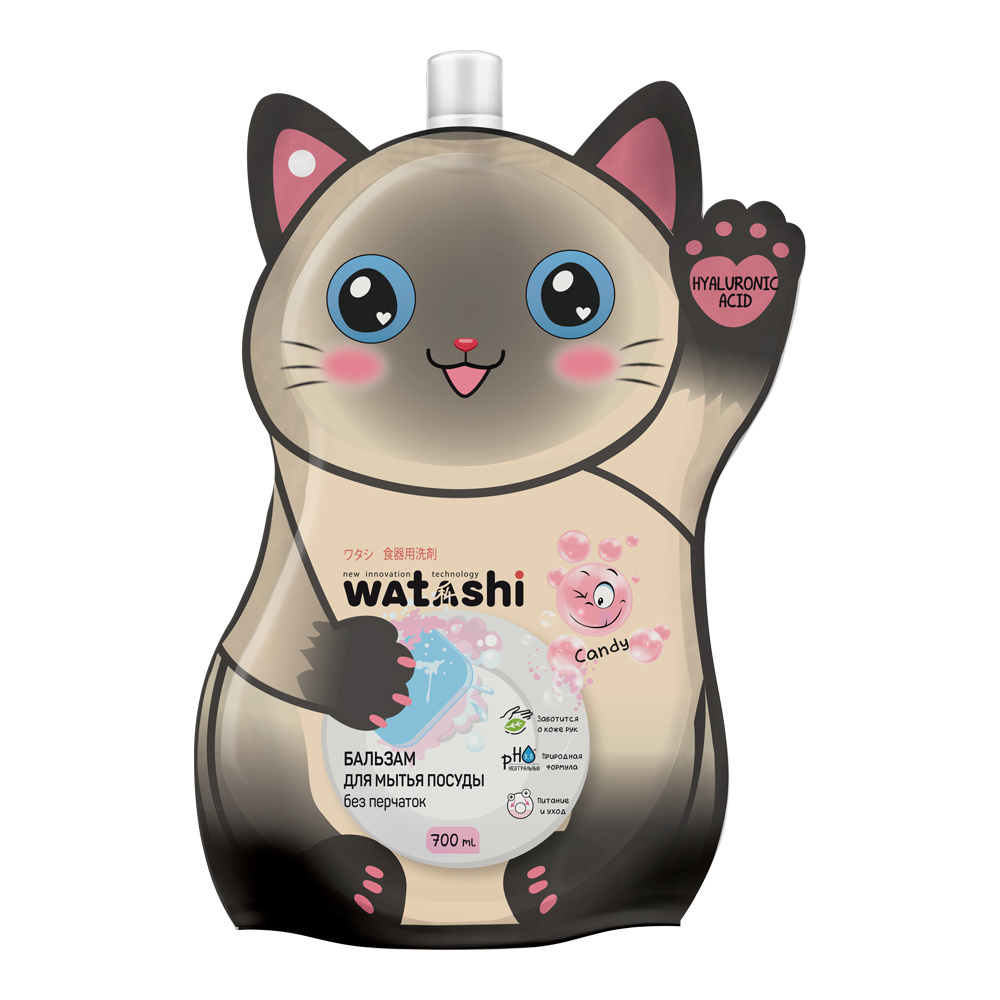 картинка Средство для мытья посуды WATASHI KOTE Бальзам без перчаток, с гиалуроновой кислотой, дой-па, 700 мл 