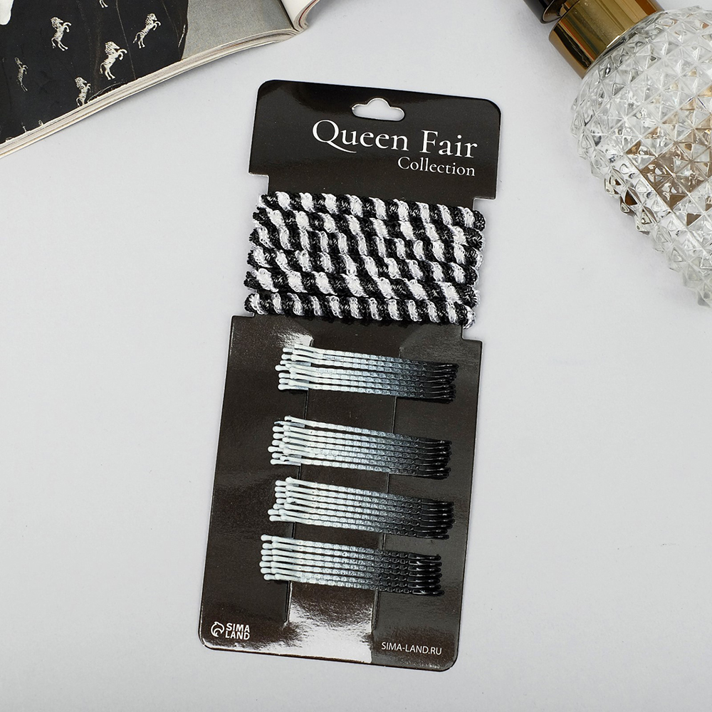 картинка Набор для волос Queen fair 4095886 Радуга (28 невидимок + 6 резинок), чёрно-белый 