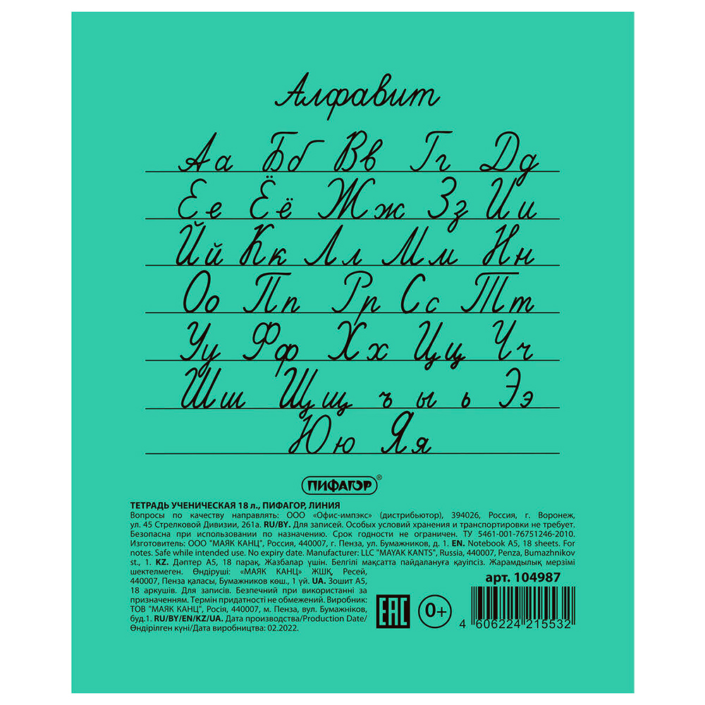 Тетрадь Пифагор 104987 18 листов, линия, зеленая, 1 шт