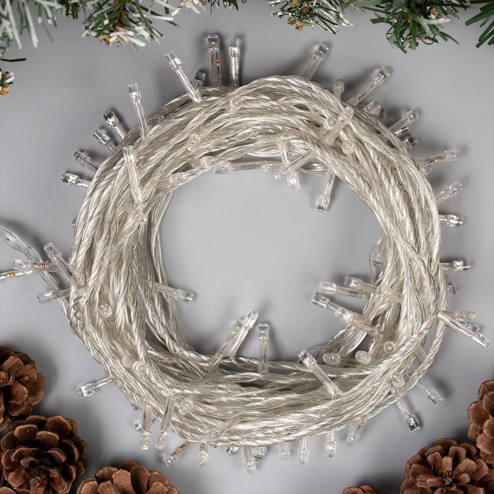 Гирлянда электрическая 3556780 LED новогодняя,свечение белое,8 режимов, прозрачная нить, 10 м, 100 лампочек