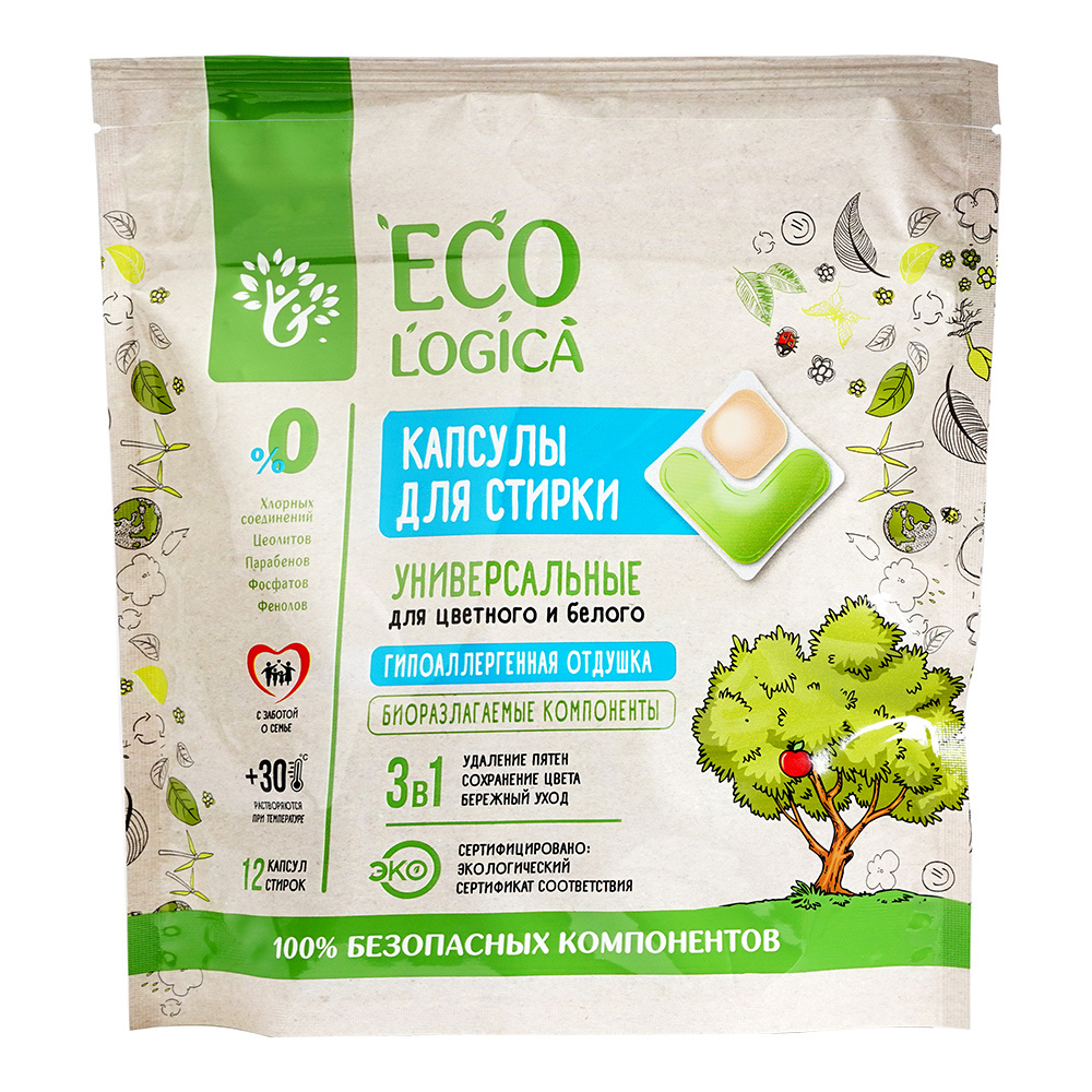 картинка Капсулы для стирки Ecologica Gel Duo Capsules универсальные 2-х фазные, для цветного и белого, 12 шт 