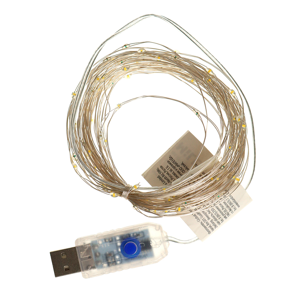 Гирлянда электрическая НУ-3022 LED новогодняя,проволока,теплый белый свет,5В, прозрачная нить, 10 м, 100 лампочек