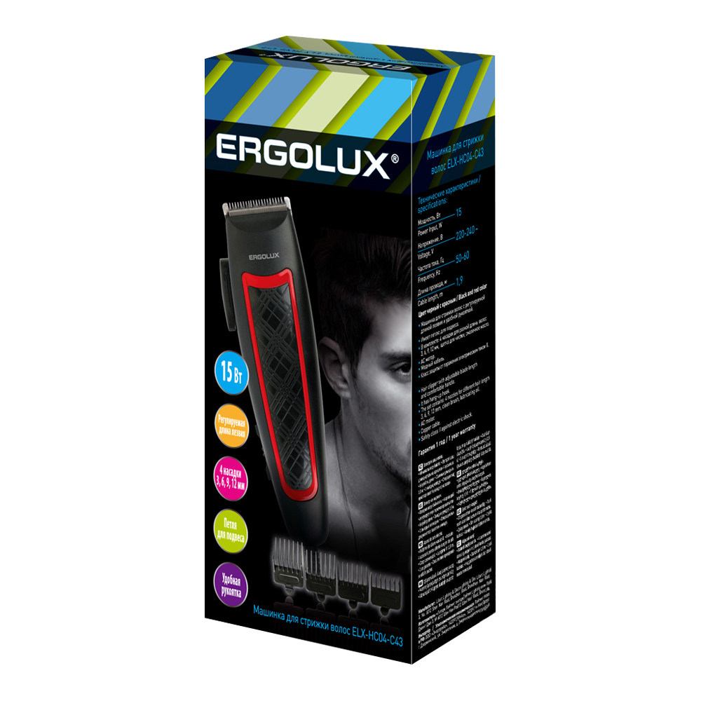 Машинка для стрижки волос Ergolux 14 395 4 съемные насадки, черный с красным