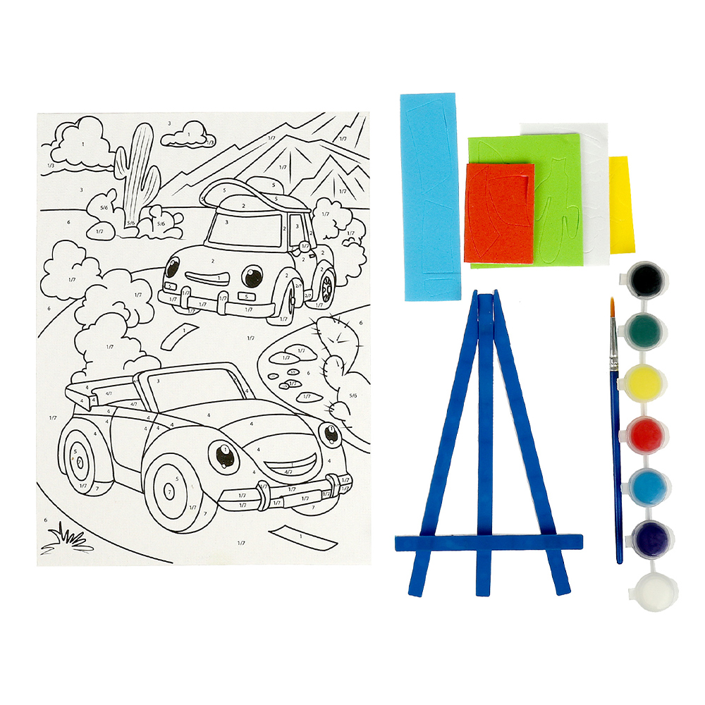 картинка Набор для творчества MultiArt 345088 Машинки, роспись холста по номерам, 17*23 см 