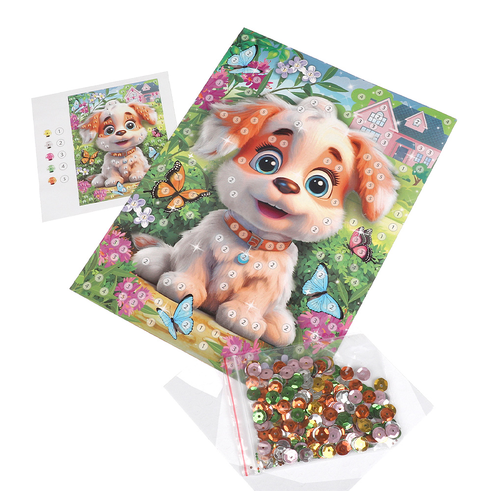 картинка Аппликация MultiArt SEQPACK-112298 из пайеток, Щенок и бабочки, 17*23 см 