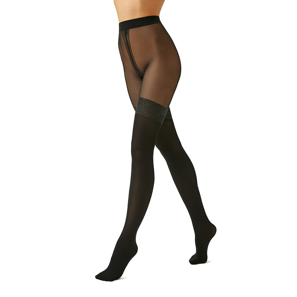 Колготки фантазийные Minimi NUANCE Lurex 70 ден с имитацией чулок, широкий люрекс, размер 2, Nero/Argento