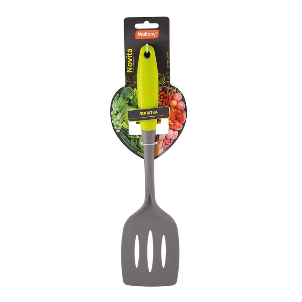 картинка Лопатка кухонная Mallony 005425 с прорезями, 34 см, нейлон, серый, зеленый 