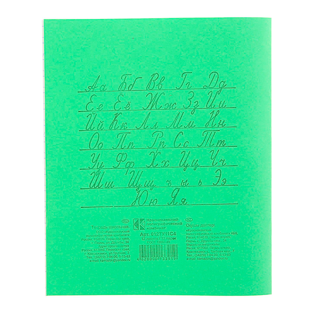 Тетрадь 1160104 12листов, косая линия, Зеленая обложка, 1 шт