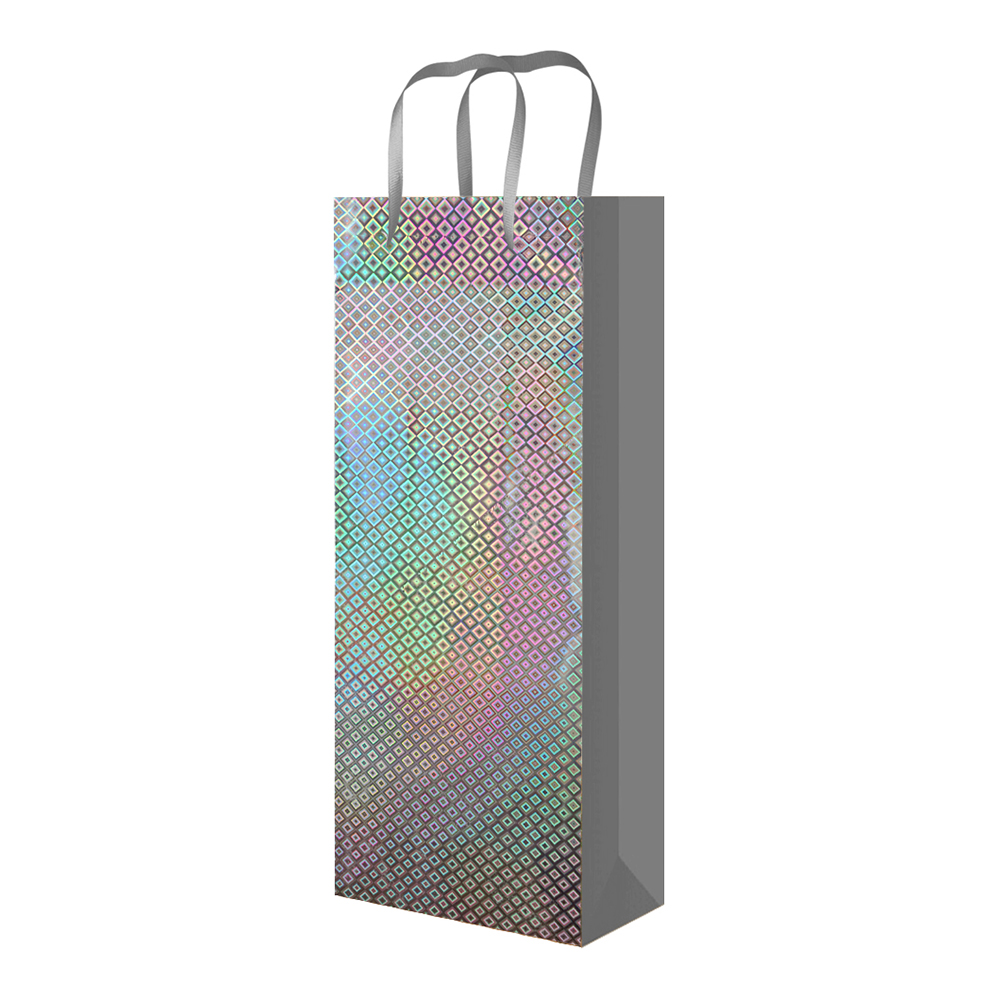 Пакет подарочный с ручками голография бумажный под бутылку 120*360*80, микс