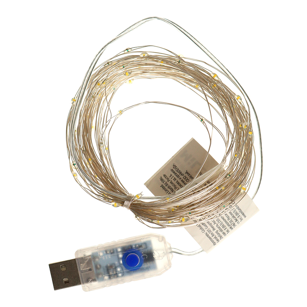 Гирлянда электрическая НУ-3024 LED новогодняя,проволока,разноцветный свет,5В, прозрачная нить, 10 м, 100 лампочек