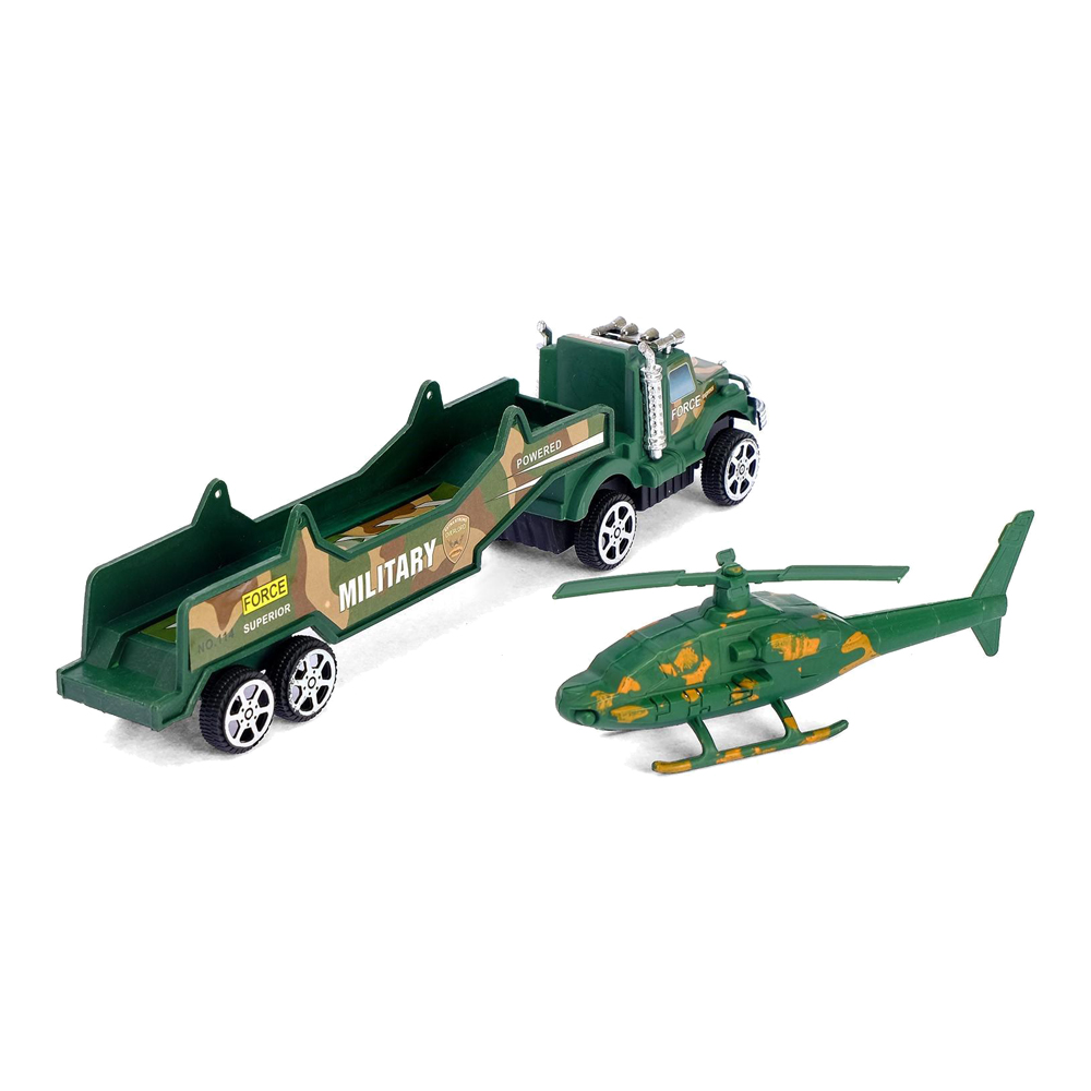 картинка Грузовик 196587 инерционный, Трейлер со спецтехникой, 23*4*5 см, металл, пластик, дизайн в ассортименте 