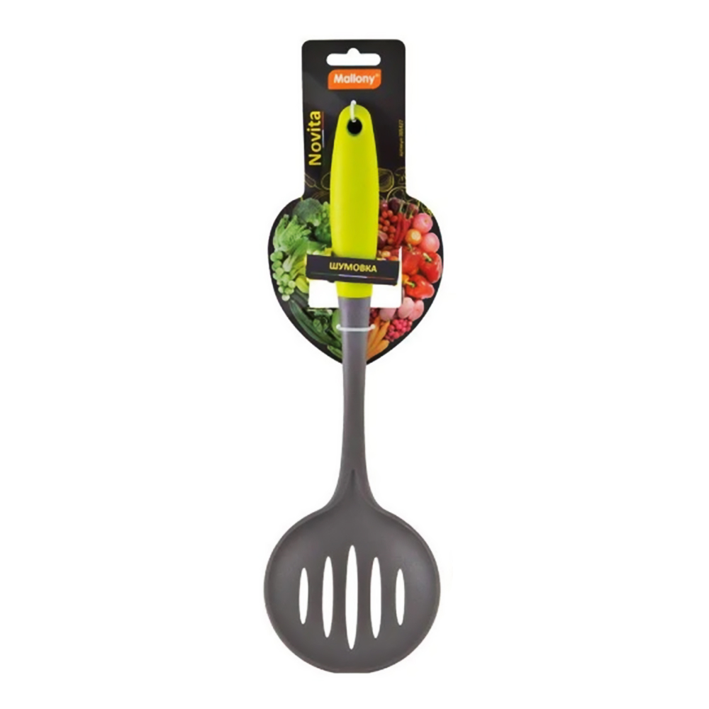 картинка Шумовка Mallony 005427 Novita, с цветной ручкой из TPR, 35,6 см, нейлон, серый, зеленый 
