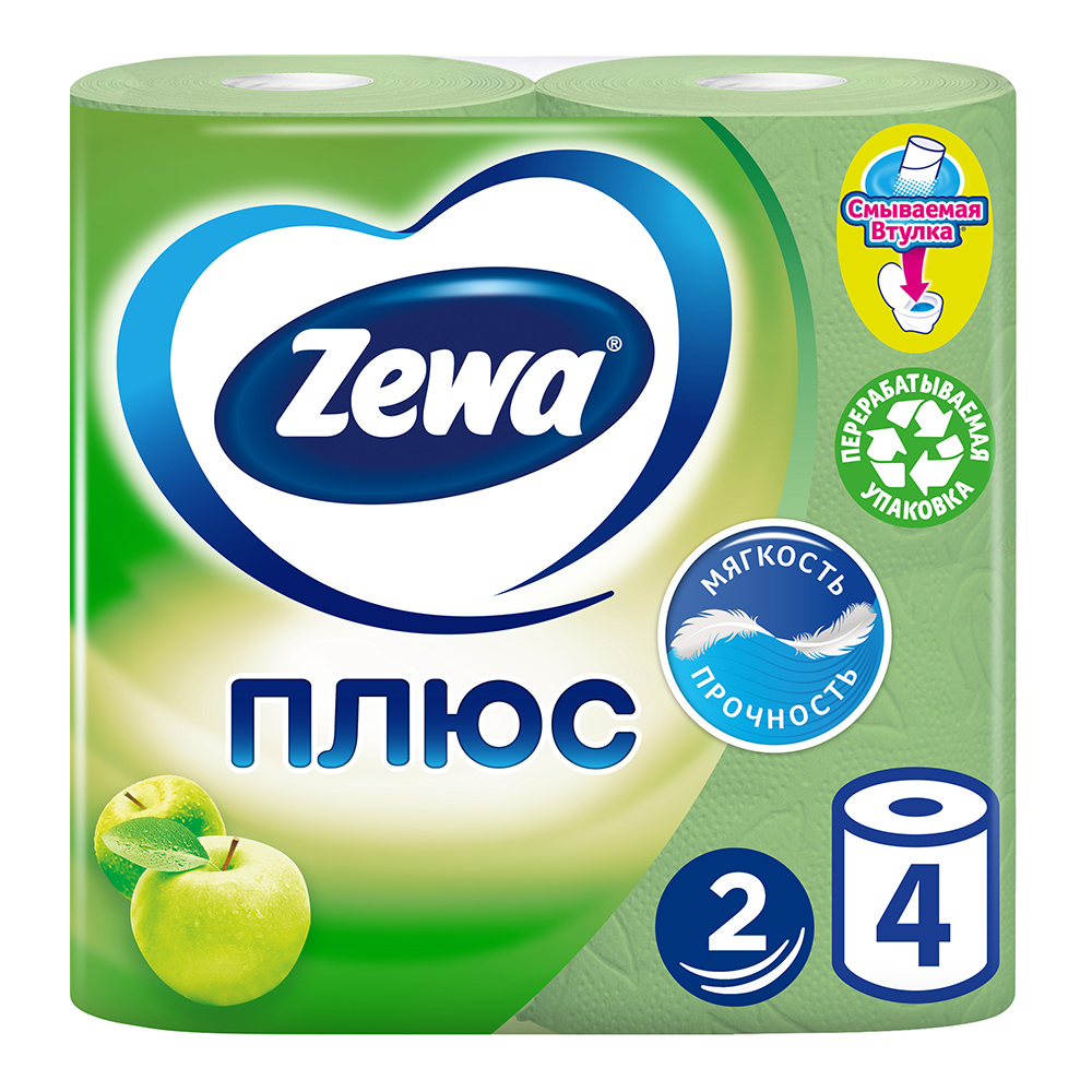 картинка Бумага туалетная Zewa Плюс двухслойная, зеленое яблоко, 4 шт 