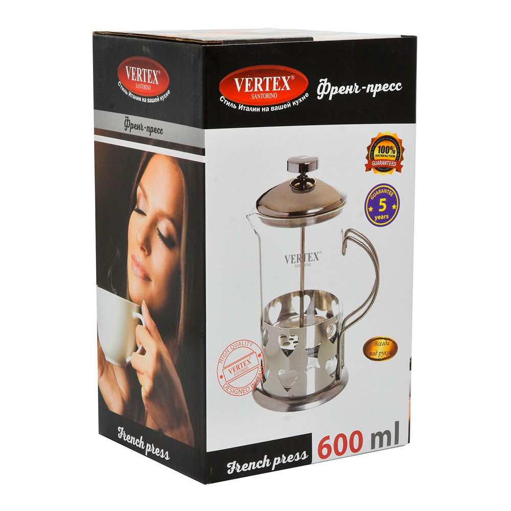 Чайник-пресс Vertex 8102-VS French Press, стеклянная колба, нержавеющий, 600 мл