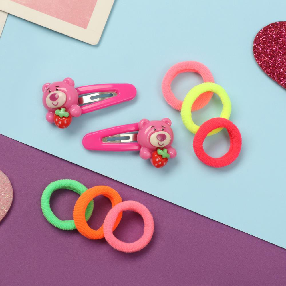 картинка Набор для волос 10309448 (10 резинок 1,5 см + 2 невидимки 3,5 см), мишки, розовый 