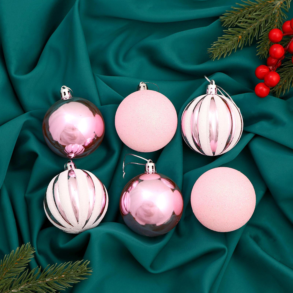 Набор новогодних шаров 6536821 Глэдис полосы, пластик 6 см, бело-розовый, 6шт