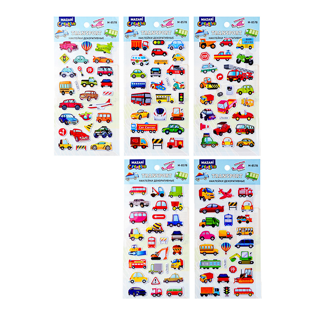 Наклейки M-8578 Машинки объемные, 6 дизайнов 10*22 см