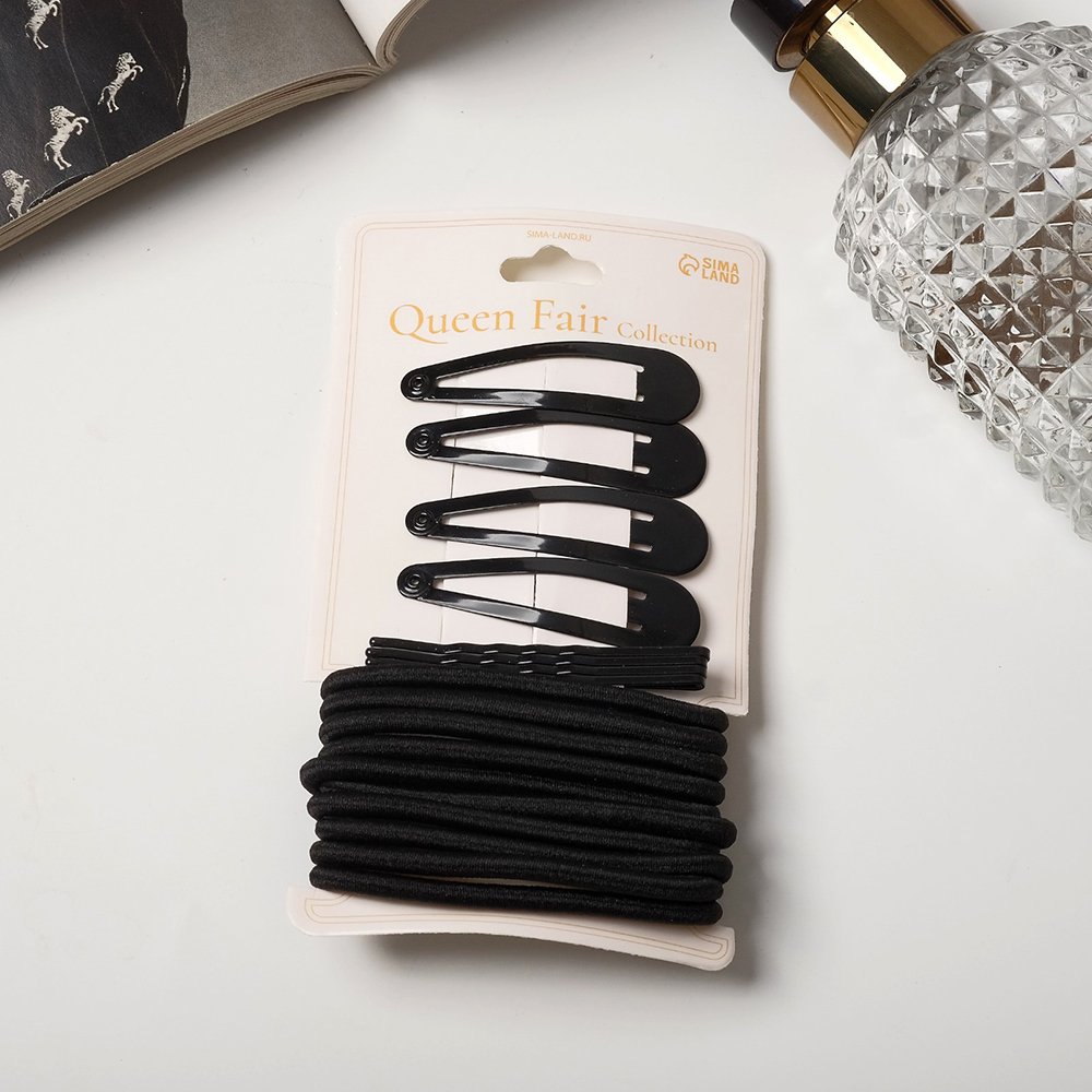 картинка Набор для волос Queen fair9313844 Классика люкс (4 невидимки+4 зажима+10 резинок), черный 