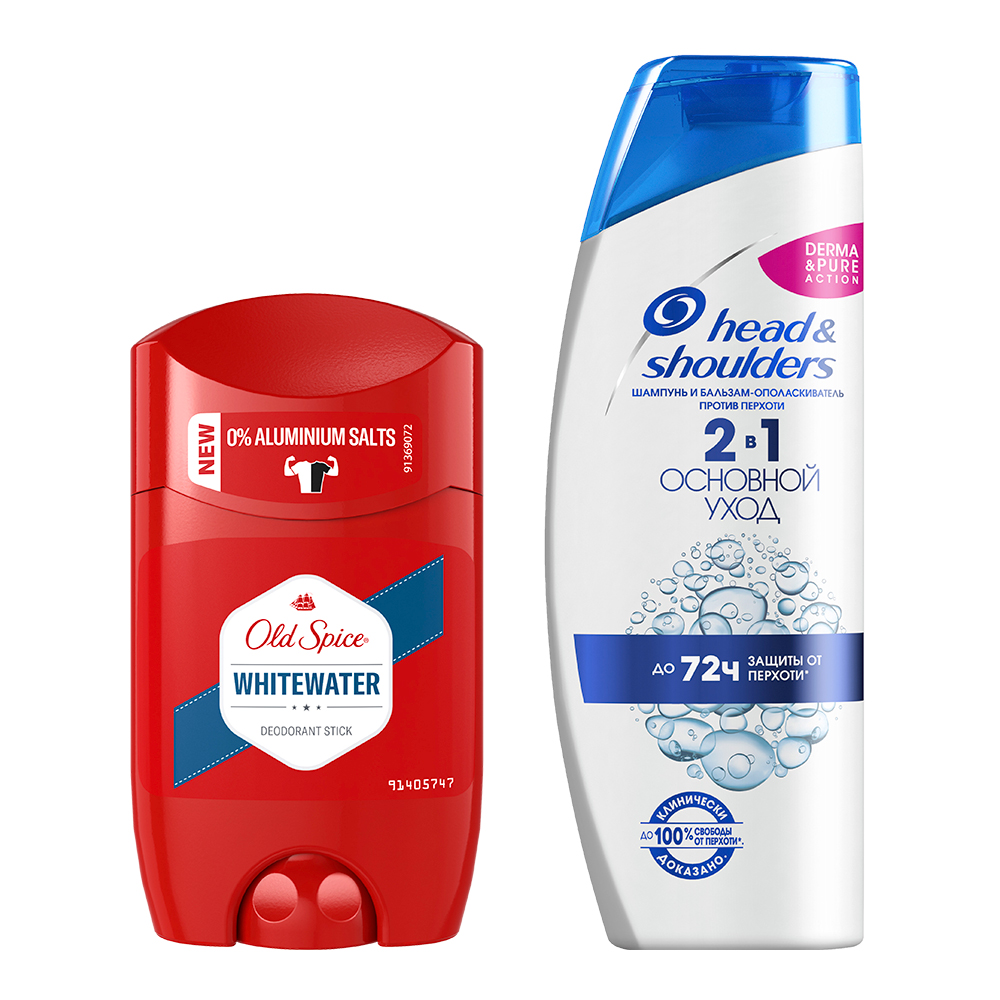картинка Набор подарочный Head & Shoulders (шампунь от перхоти 2 в 1 Основной уход 200 мл + Old Spice Whitewater дезодорант-стик 50 мл), мужской 