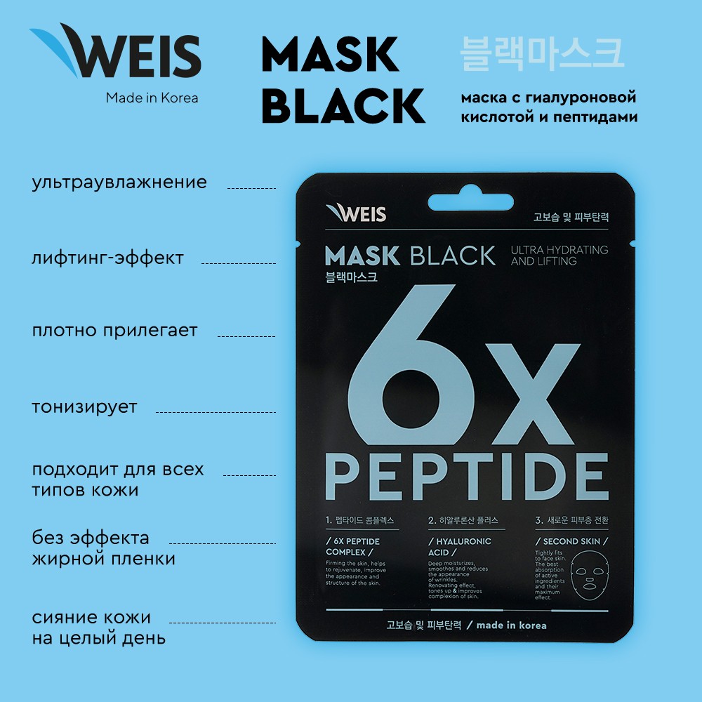 Маска для лица Weis Black mask 6x peptide с пептидами и гиалуроновой кислотой, 25 г