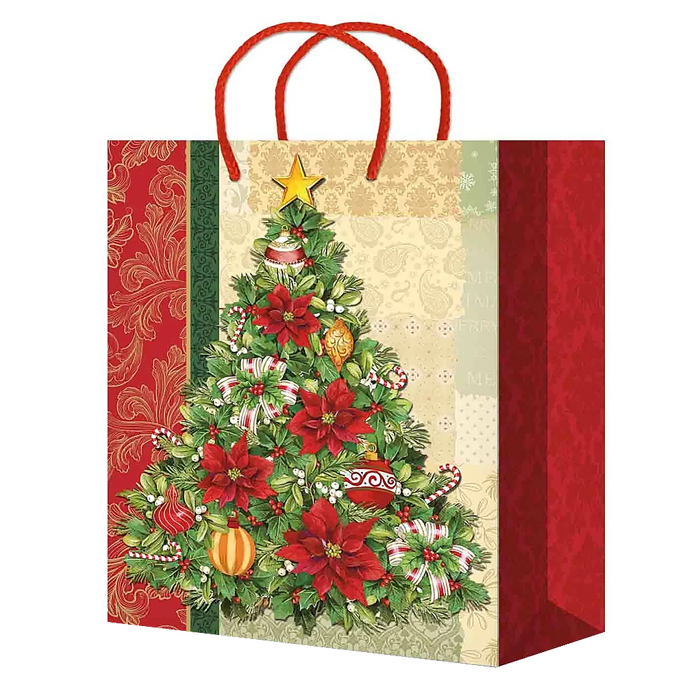 Пакет подарочный M-201/202/203/204/205 Дед мороз на красном 18*22*10 см, в ассортименте