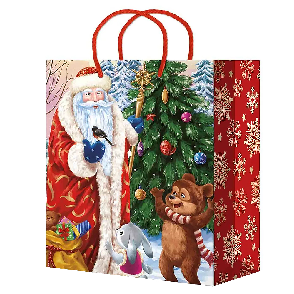 Пакет подарочный M-201/202/203/204/205 Дед мороз на красном 18*22*10 см, в ассортименте
