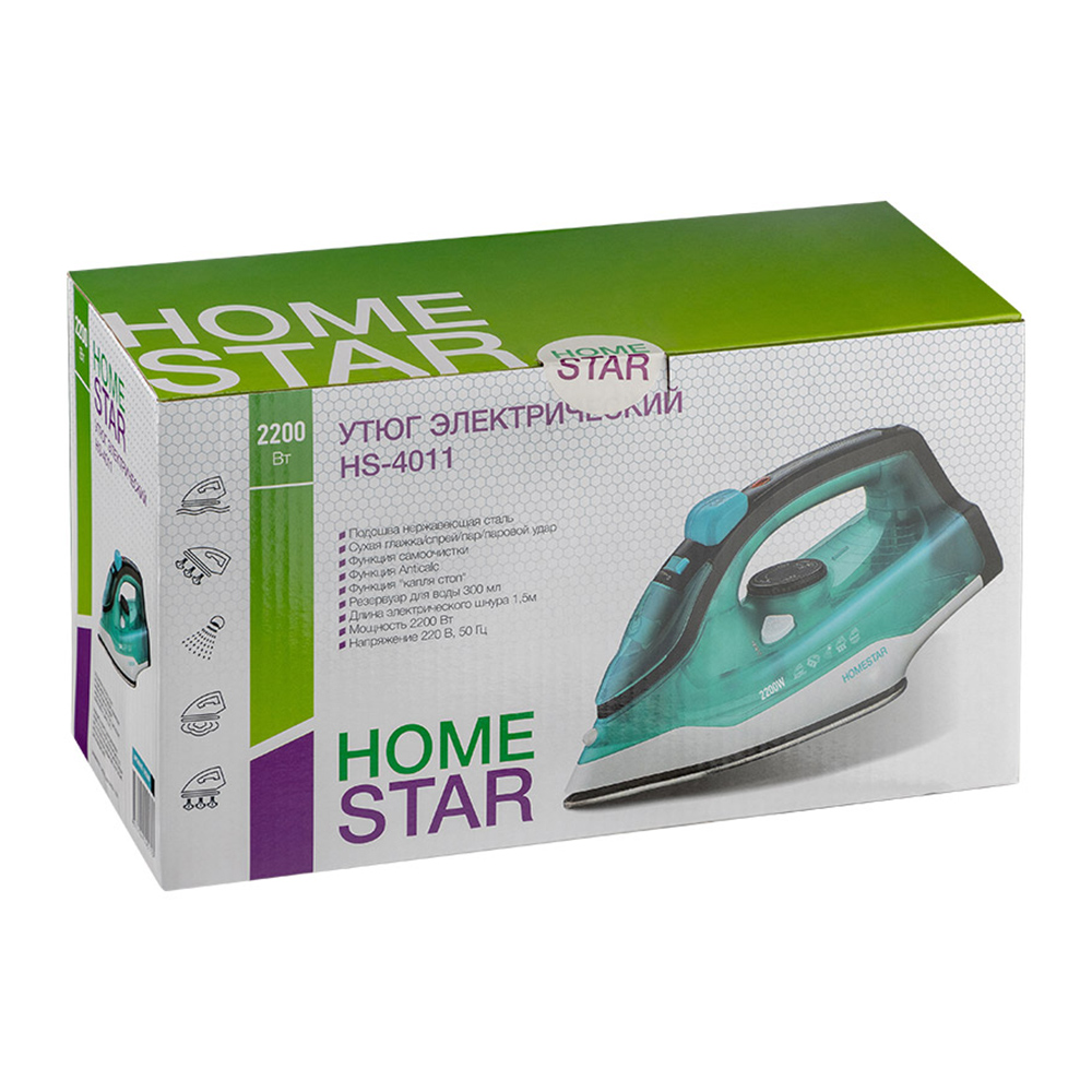 Утюг HomeStar 105380 HS-4011, подошва нержавеющая сталь, бирюзовый, 2200 Вт
