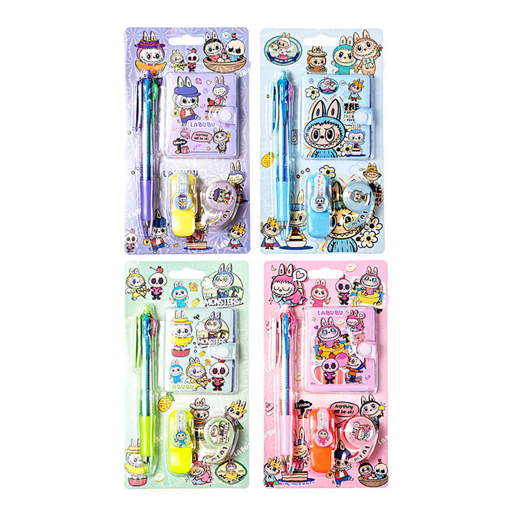 Канцелярский Набор M-1577 Зубастик,блокнот,лента клейкая, ручка шариковая автоматическая,текстовыделитель