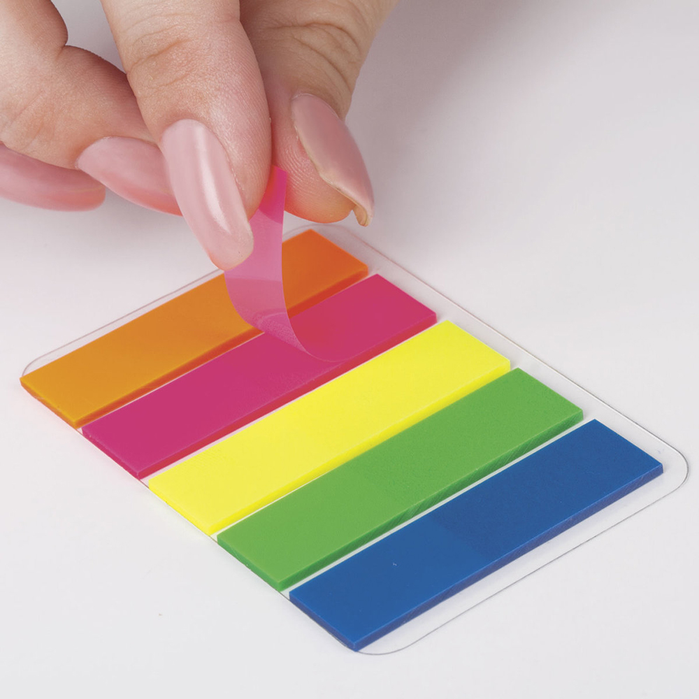 Канцелярские закладки клейкие Brauberg неоновые, на пластиковом основании, 5 цветов*20л, 45 мм